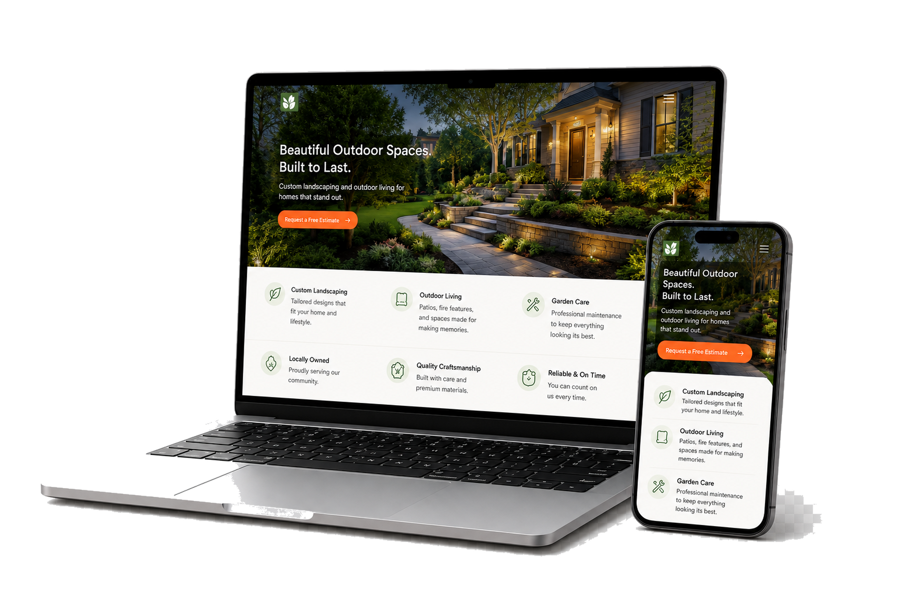 Example landscaping company website shown on a laptop and phone